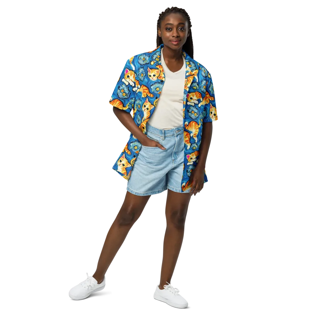 Indigo Marmalade Cats on Button Shirt — Front