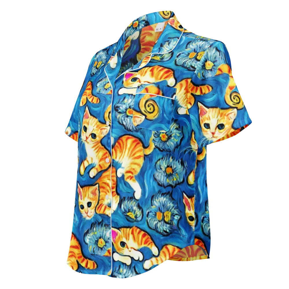 Indigo Marmalade Cats on Women's Short Sleeve Pajama Top — Left Front