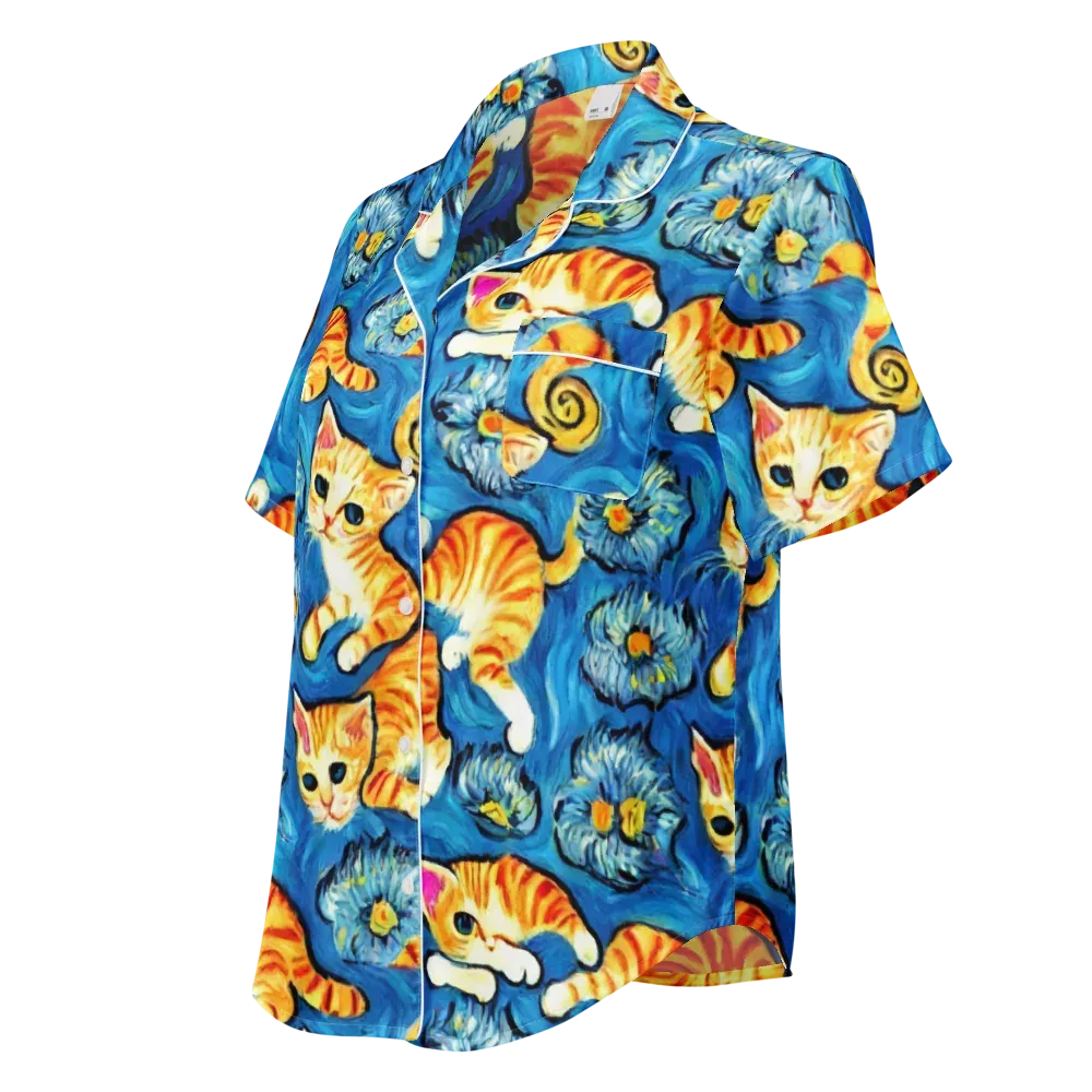 Indigo Marmalade Cats on Women's Short Sleeve Pajama Top — Left Front