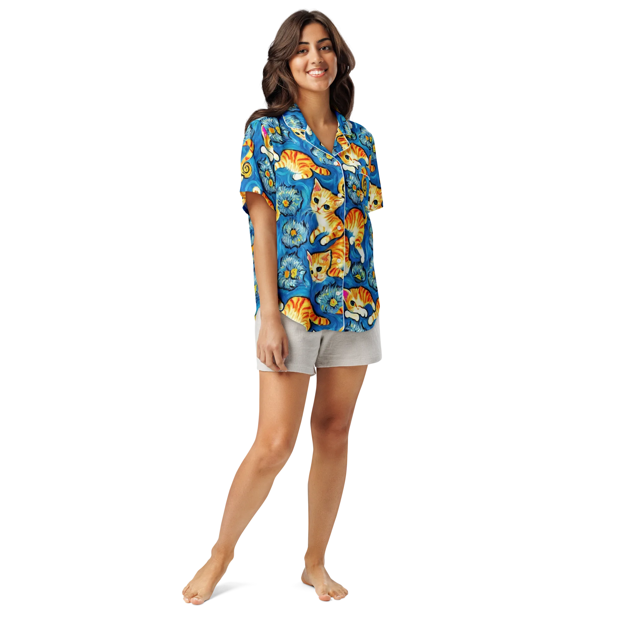 Indigo Marmalade Cats on Women's Short Sleeve Pajama Top — Front