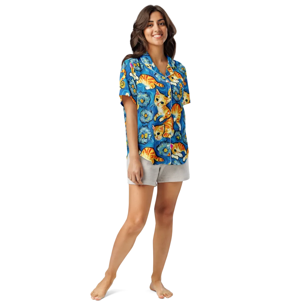 Indigo Marmalade Cats on Women's Short Sleeve Pajama Top — Front