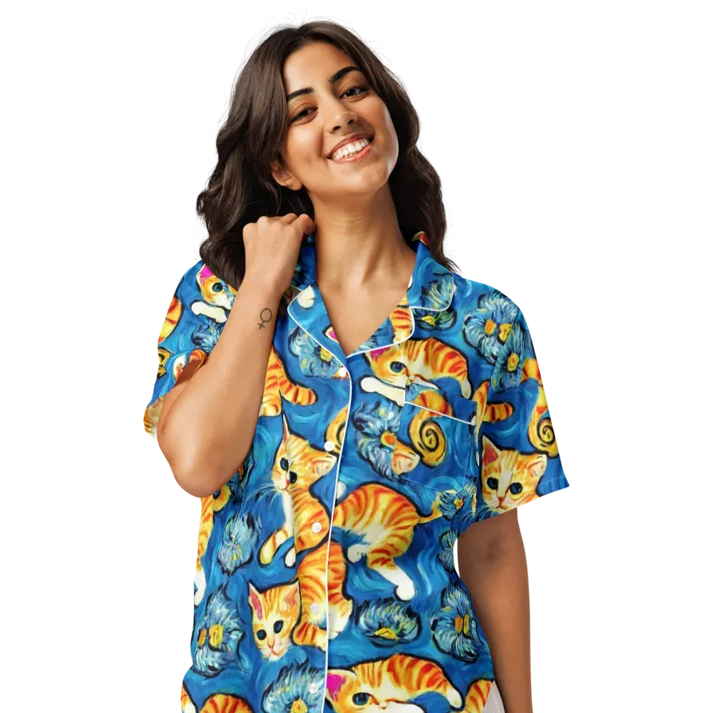 Indigo Marmalade Cats on Women's Short Sleeve Pajama Top — Front