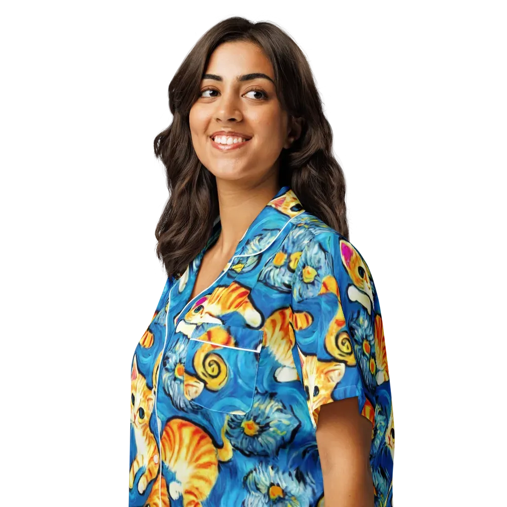 Indigo Marmalade Cats on Women's Short Sleeve Pajama Top — Left Front