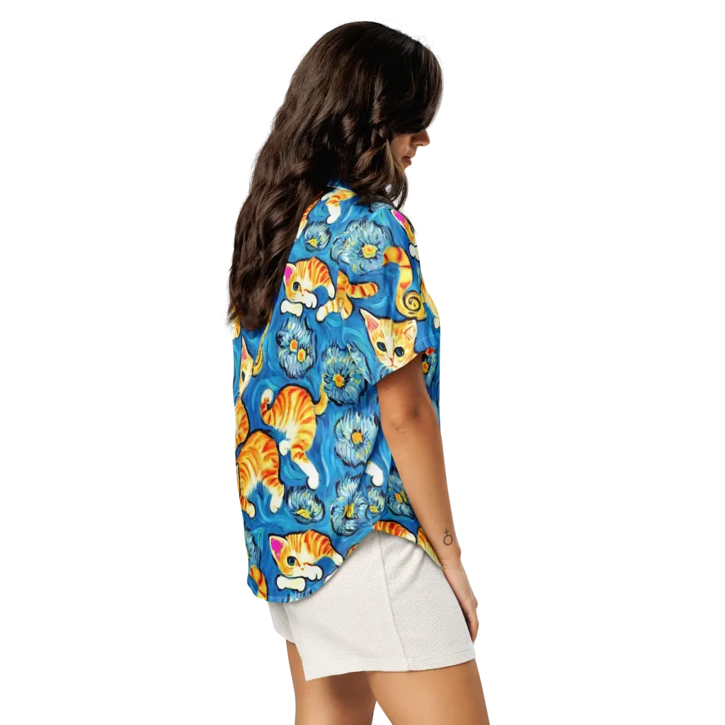 Indigo Marmalade Cats on Women's Short Sleeve Pajama Top — Right Back