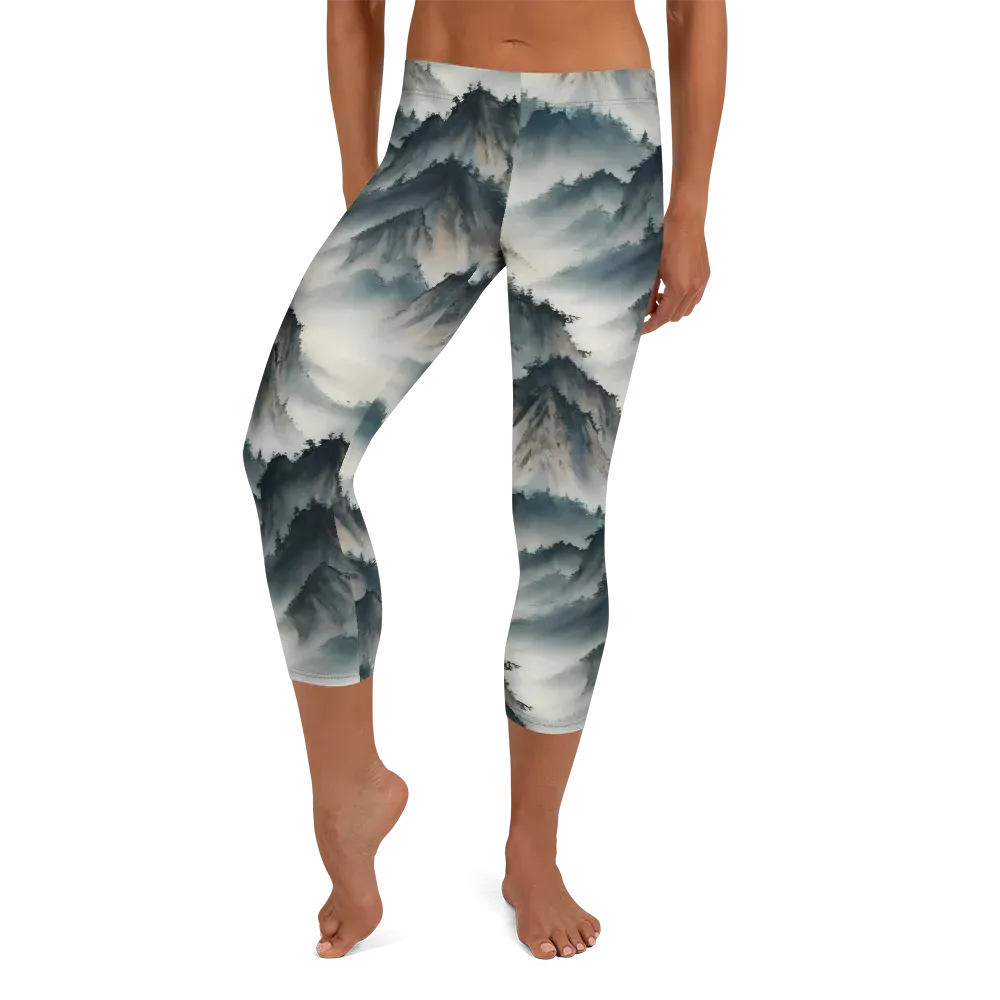 Mistbound Mountains on Capri Leggings — Front