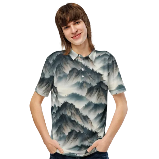 Mistbound Mountains on a Men's Slim Fit Polo Shirt