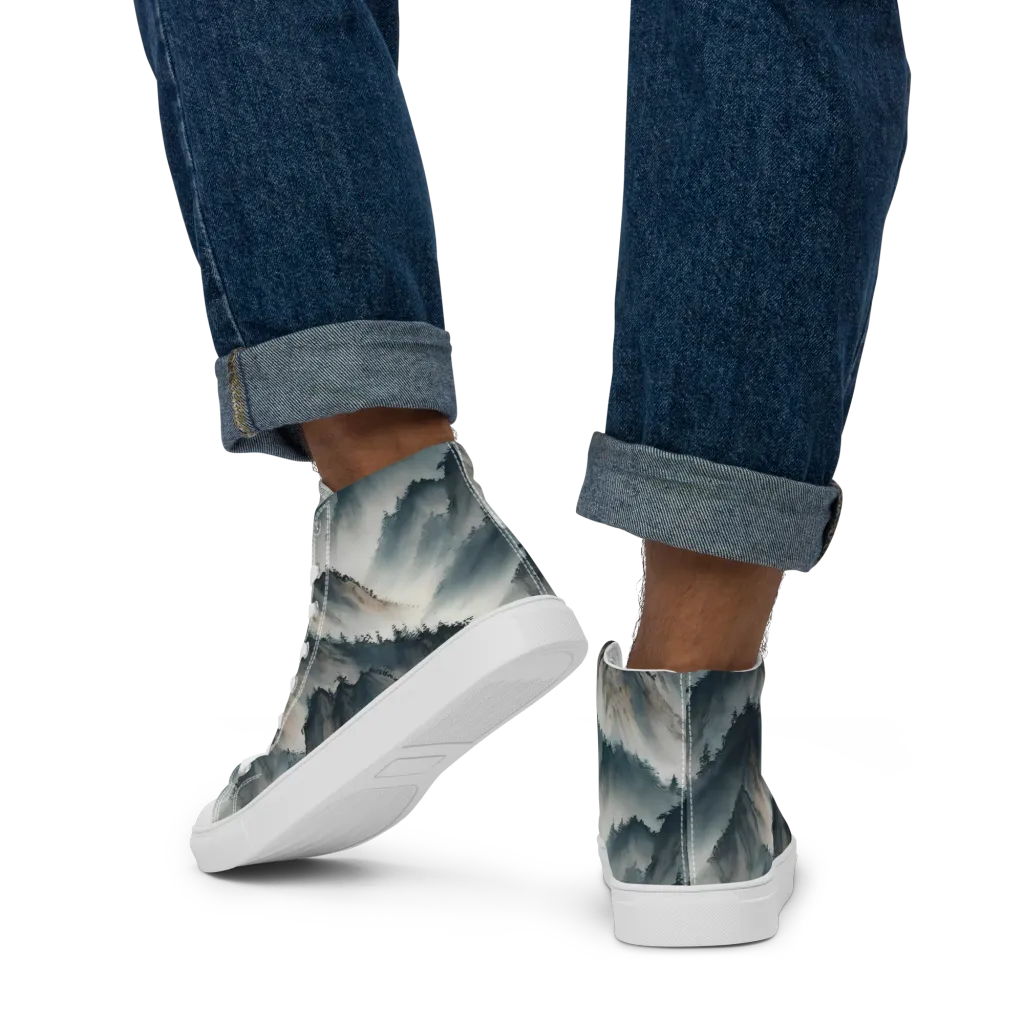 Mistbound Mountains on Men's High Top Canvas Shoes — Back