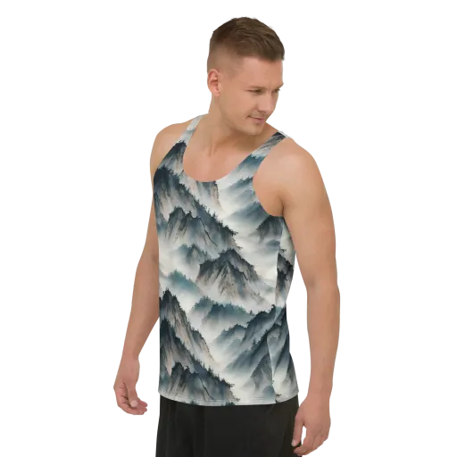Mistbound Mountains on a Men's Tank Top