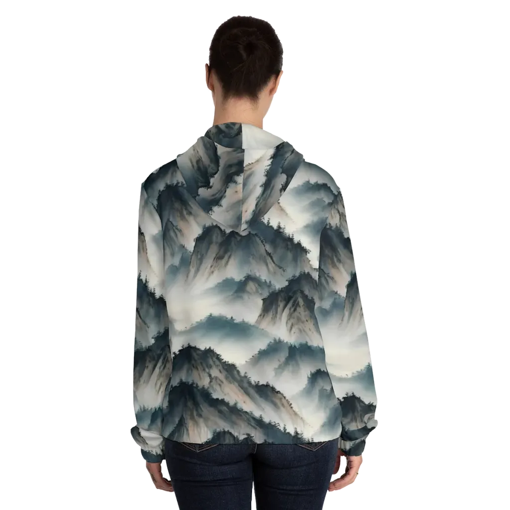 Mistbound Mountains on Women's Full-Zip Hoodie — Back On Person