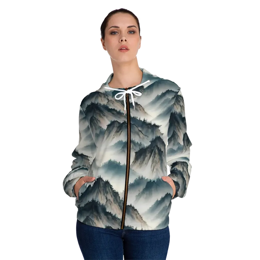 Mistbound Mountains on Women's Full-Zip Hoodie — Front On Person