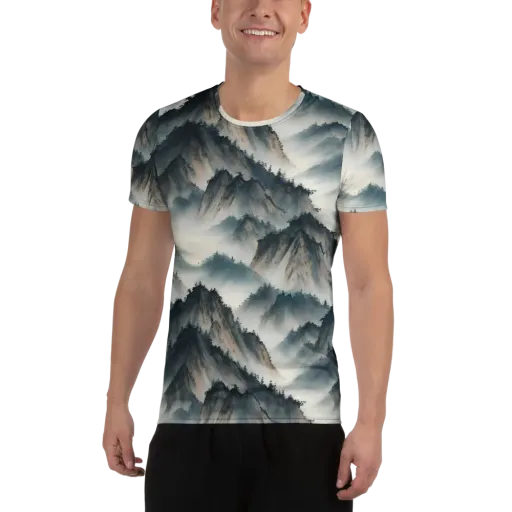 Mistbound Mountains on a Men's Athletic T-Shirt