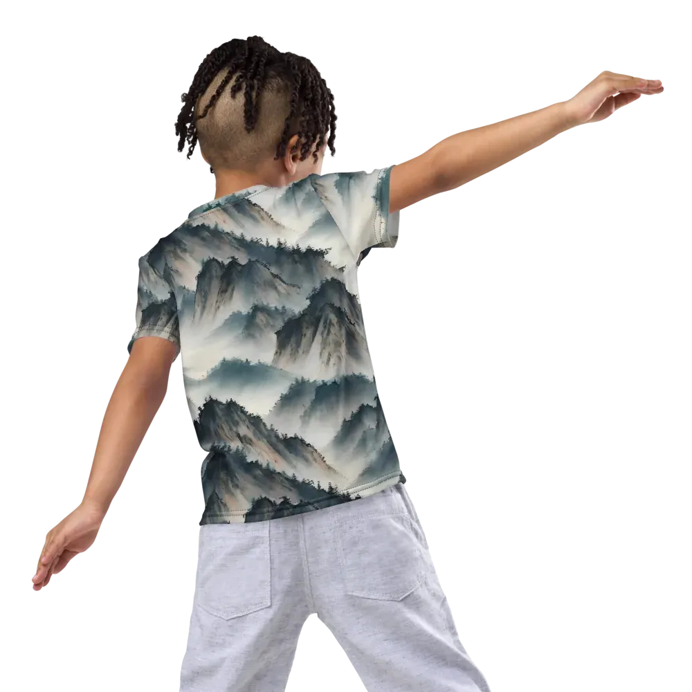 Mistbound Mountains on Kids Crew Neck T-Shirt — Back