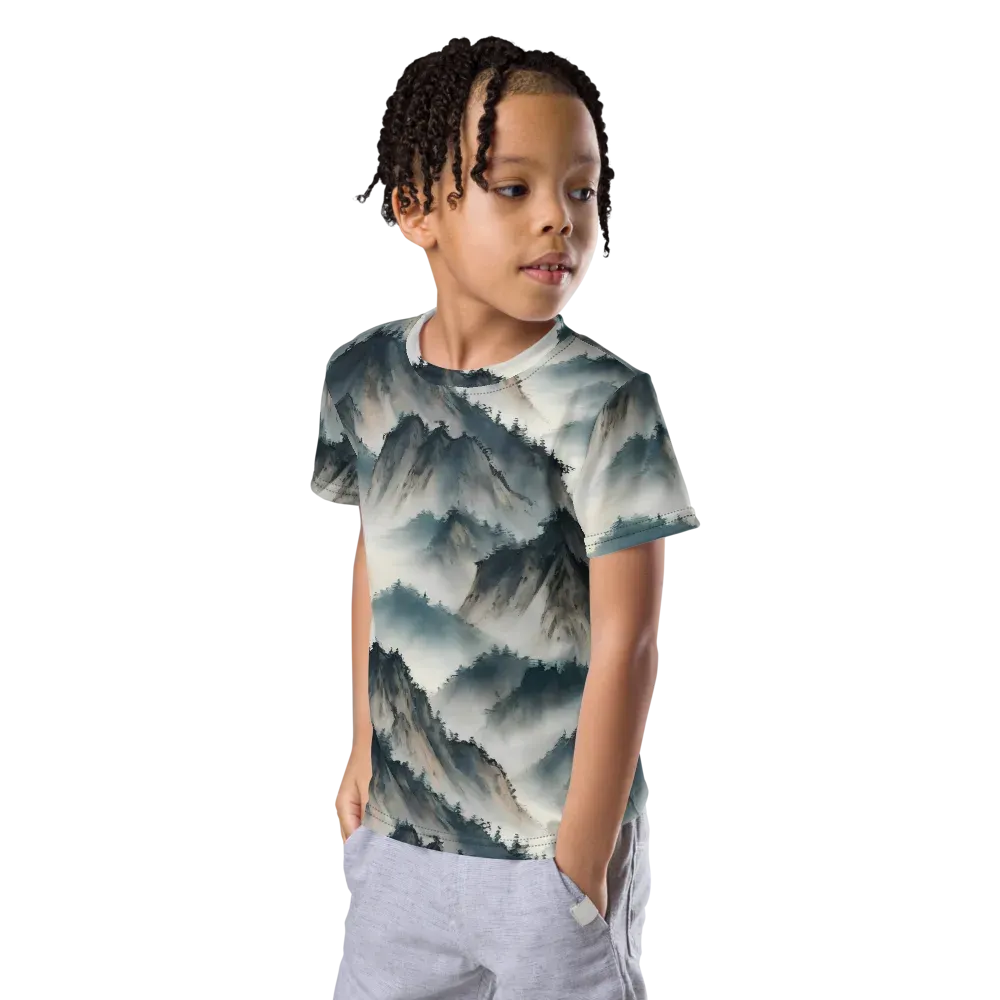 Mistbound Mountains on Kids Crew Neck T-Shirt — Left Front