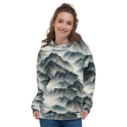 Mistbound Mountains on a Hoodie