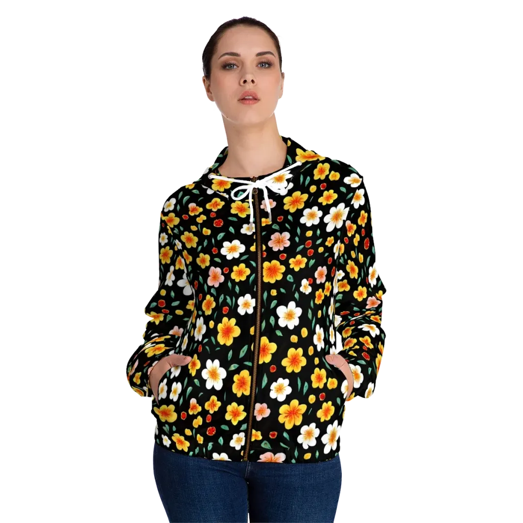 Sunlit Blossoms on Women's Full-Zip Hoodie — Front On Person
