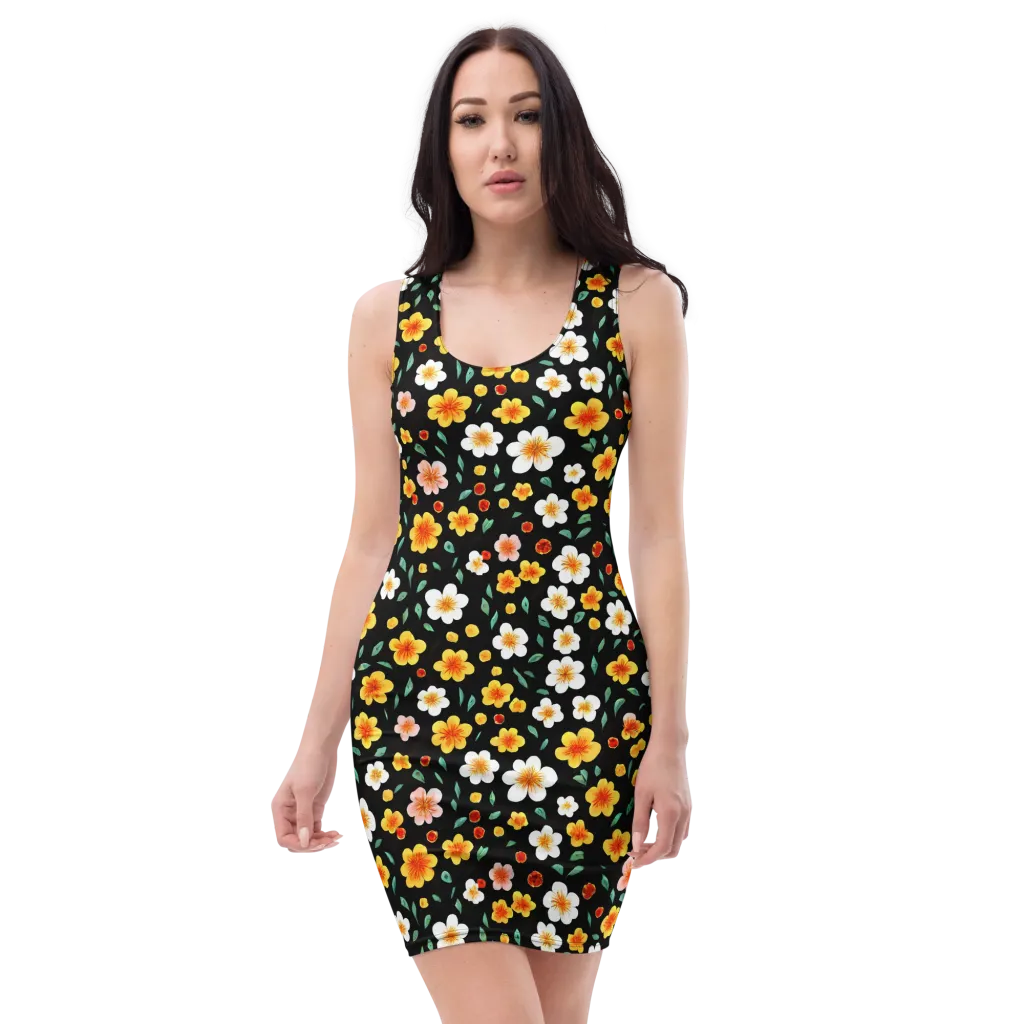 Sunlit Blossoms on Bodycon Dress — Front