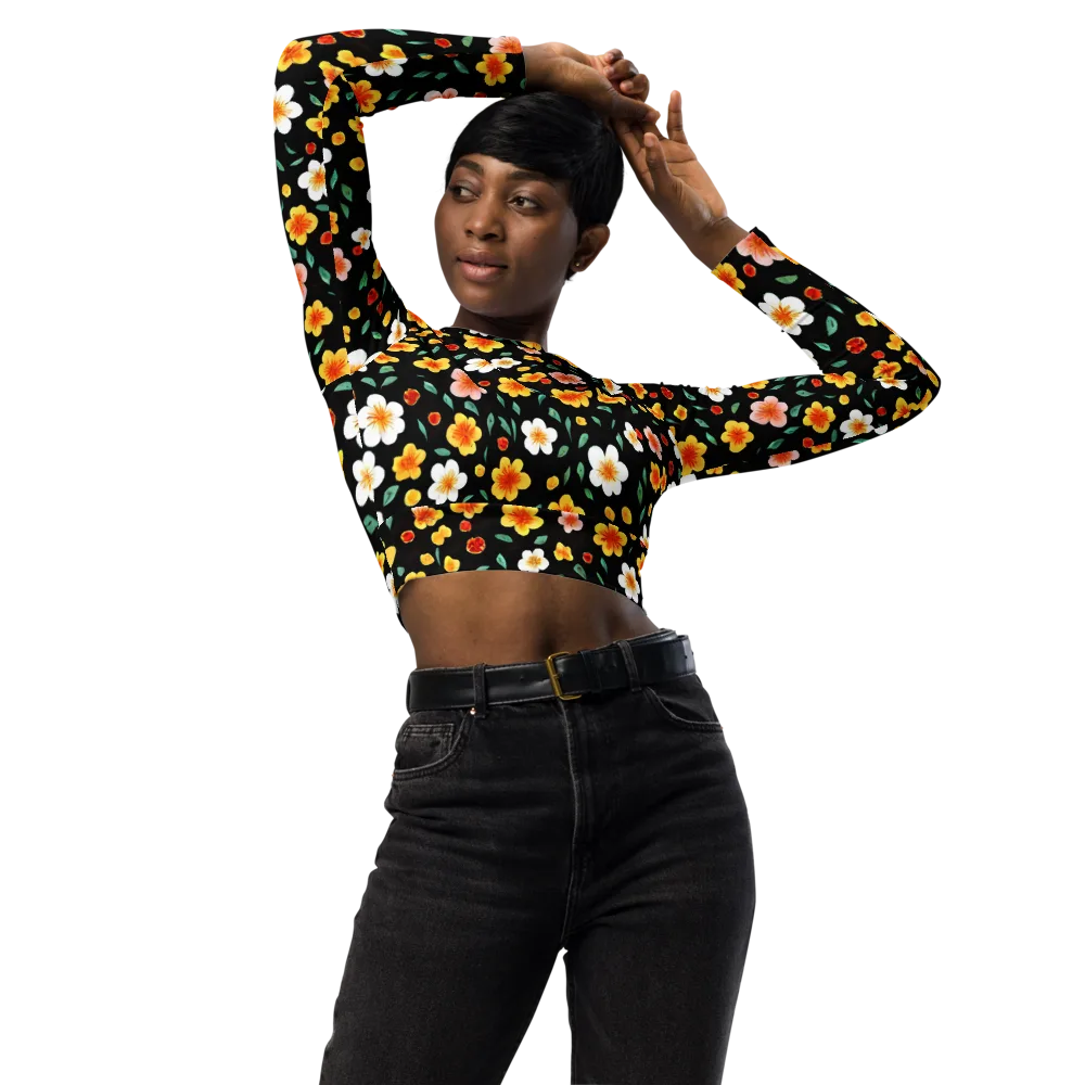 Sunlit Blossoms on Long Sleeve Crop Top — Front