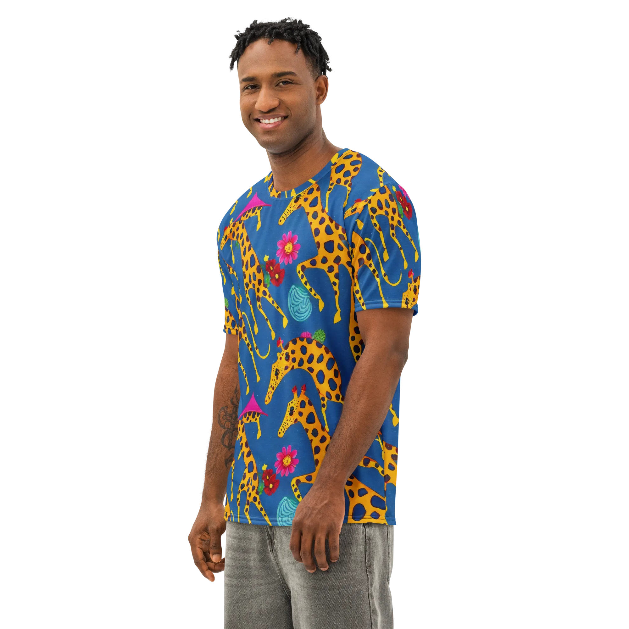 Giraffe Garden on Men's Cotton Crew Neck T-Shirt — Left Front