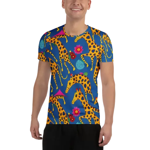 Giraffe Garden on a Men's Athletic T-Shirt