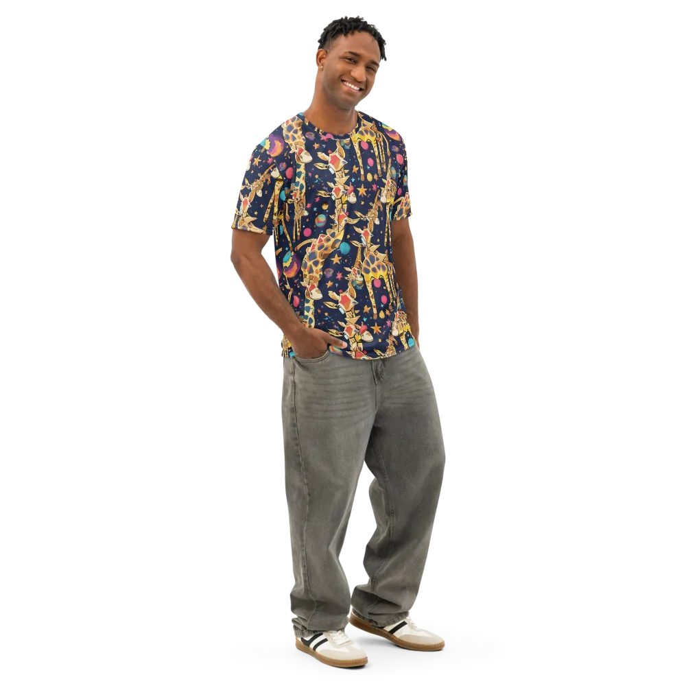 Cosmic Giraffe Parade on Men's Cotton Crew Neck T-Shirt — Right Front