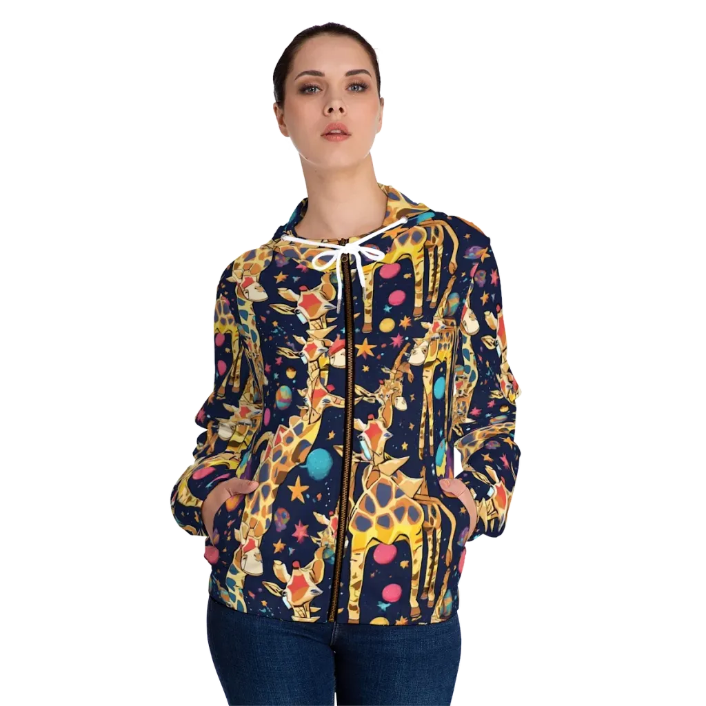 Cosmic Giraffe Parade on Women's Full-Zip Hoodie — Front On Person