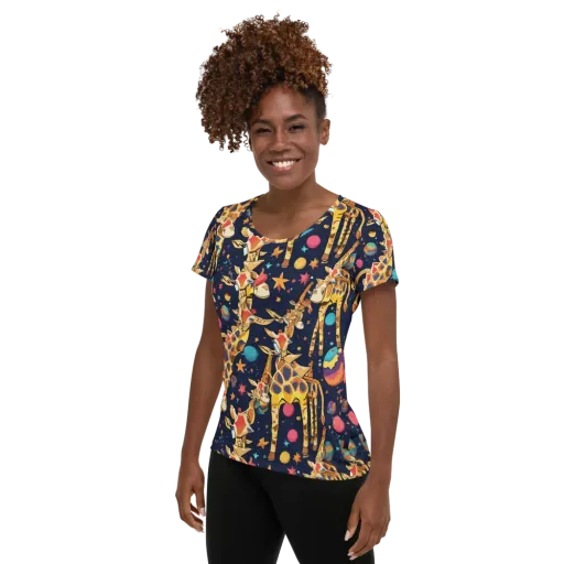 Cosmic Giraffe Parade on a Women's Athletic T-Shirt
