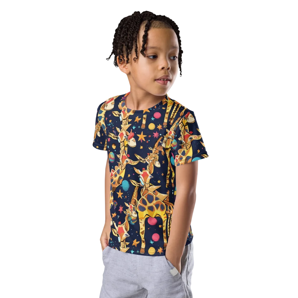Cosmic Giraffe Parade on Kids Crew Neck T-Shirt — Left Front