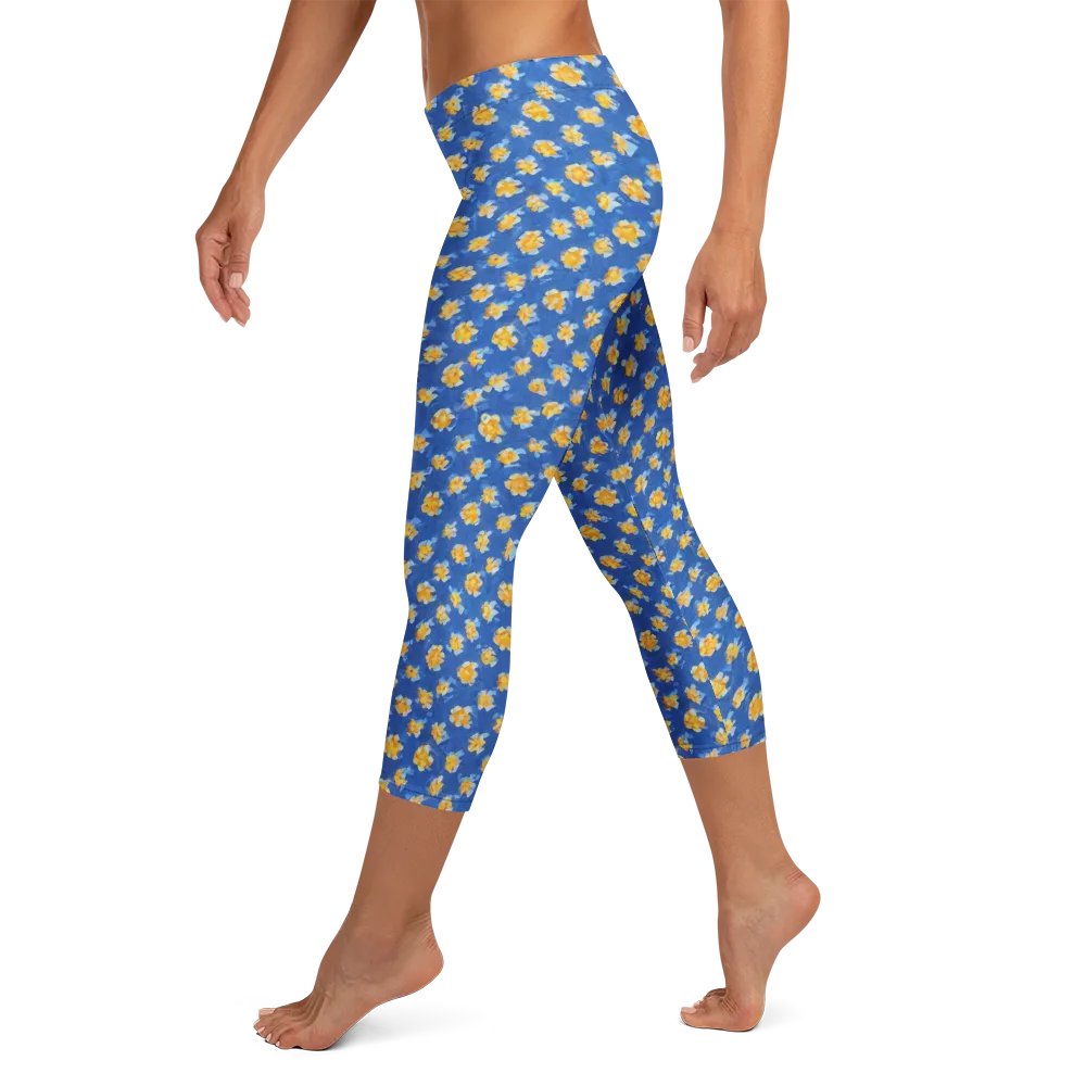 Cobalt Marigold on Capri Leggings — Left