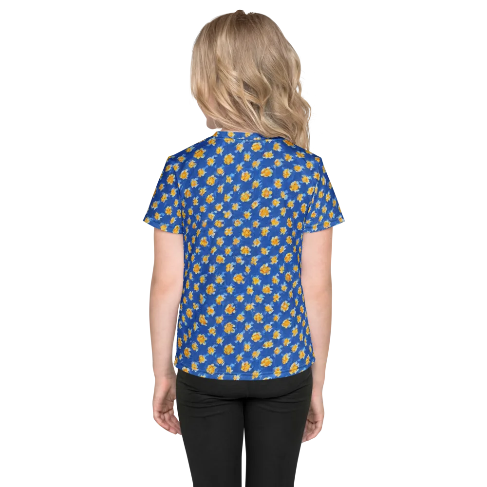 Cobalt Marigold on Kids Crew Neck T-Shirt — Back