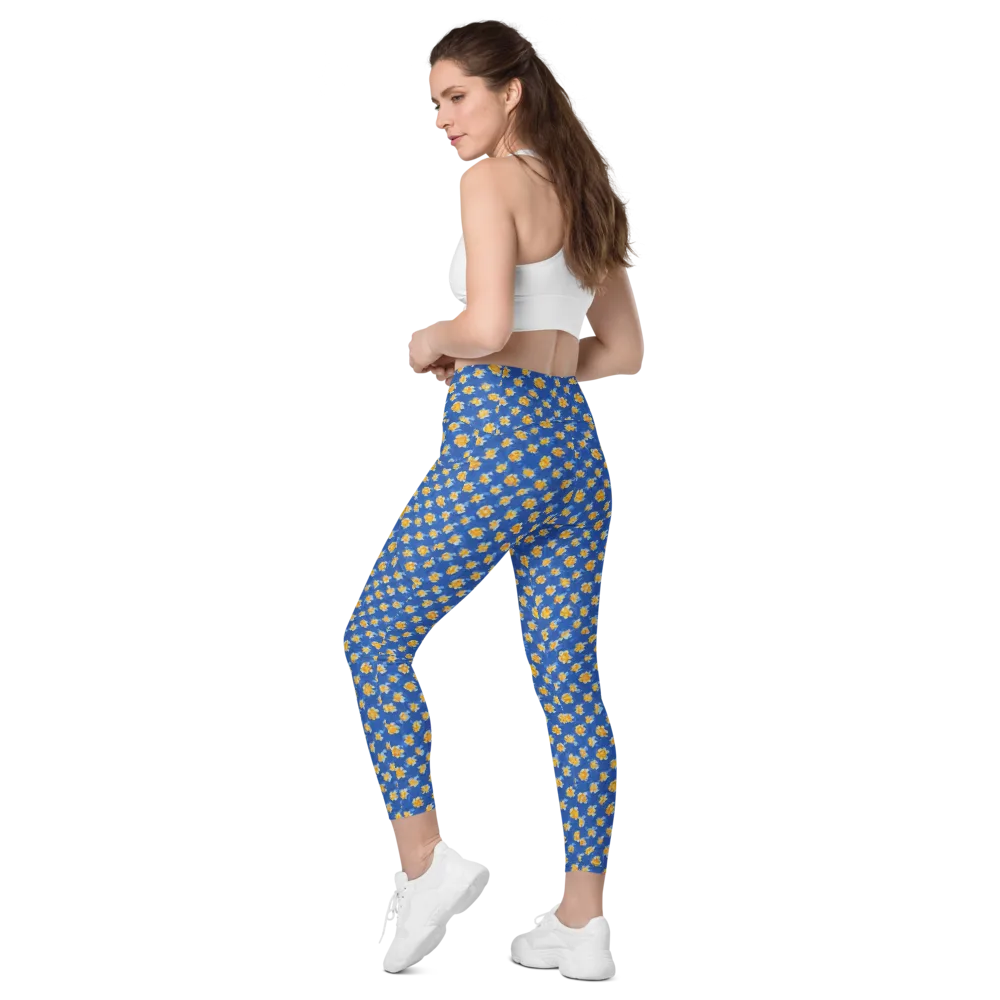 Cobalt Marigold on Leggings with Pockets — Left Back
