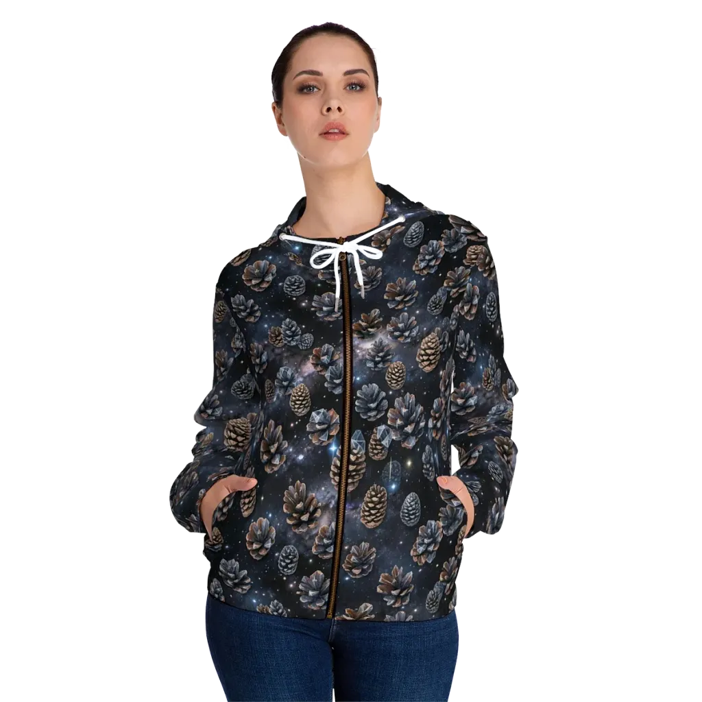 Cosmic Conifer on Women's Full-Zip Hoodie — Front On Person