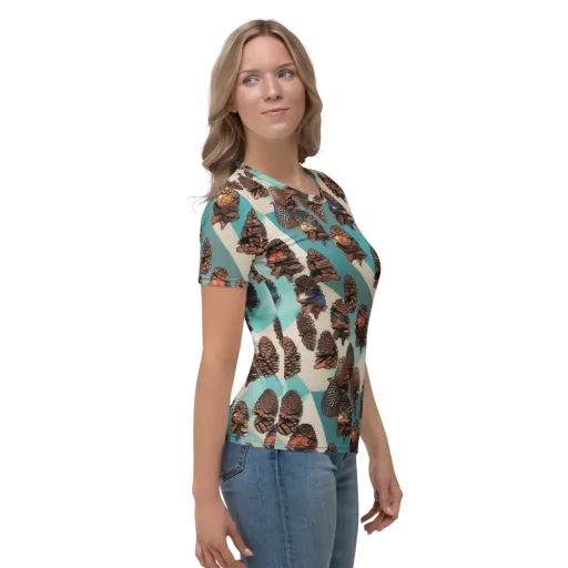 Turquoise Pinecone on a Women's Crew Neck T-Shirt