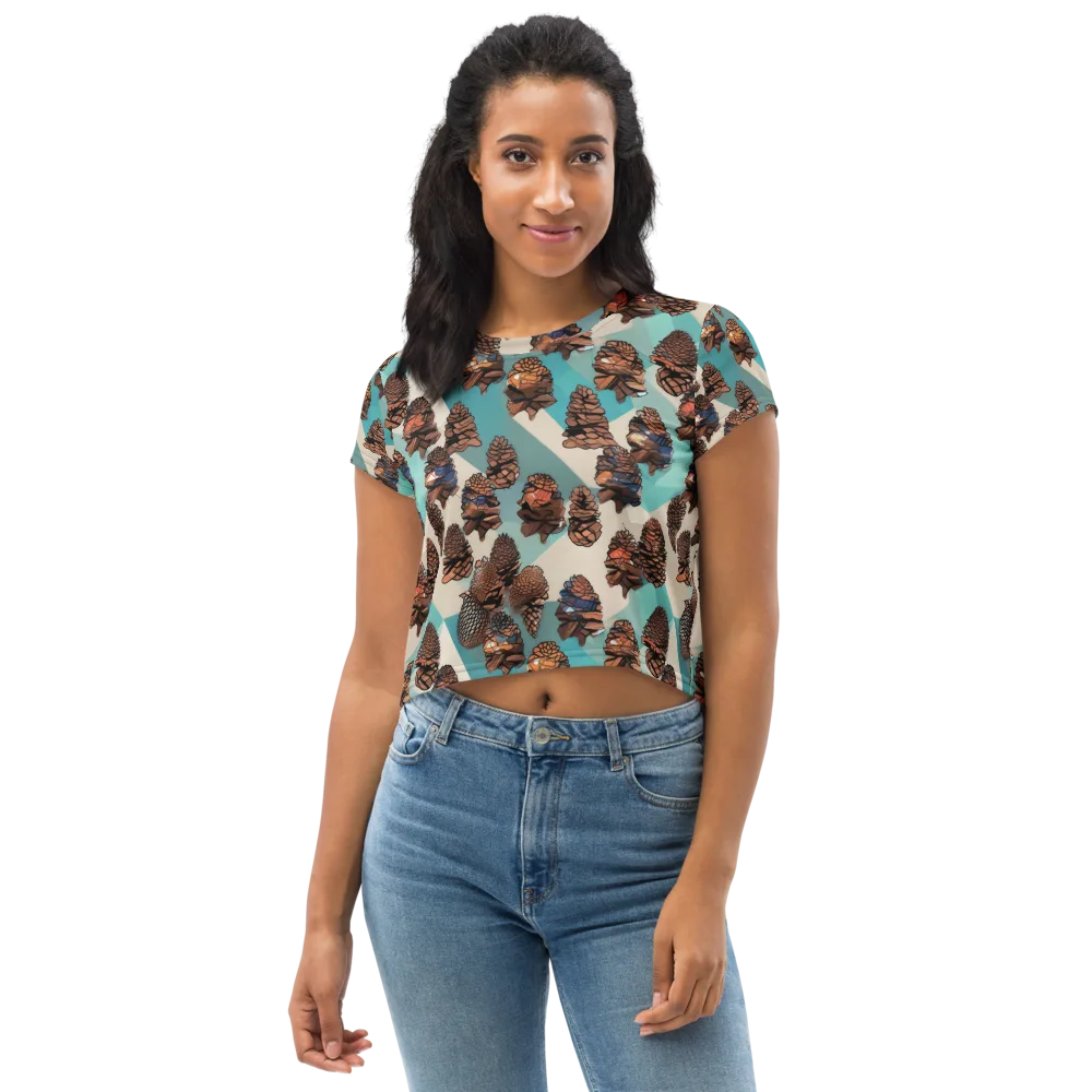 Turquoise Pinecone on Crop Tee — Front