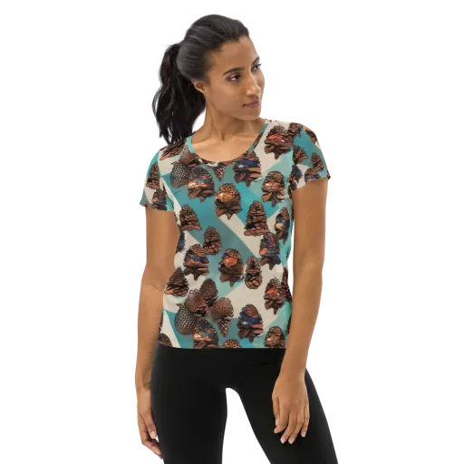 Turquoise Pinecone on a Women's Athletic T-Shirt
