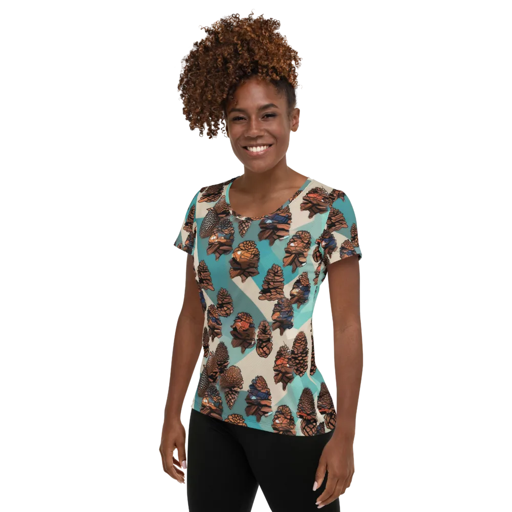 Turquoise Pinecone on Women's Athletic T-Shirt — Left