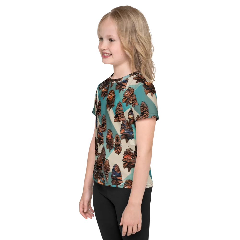 Turquoise Pinecone on Kids Crew Neck T-Shirt — Left