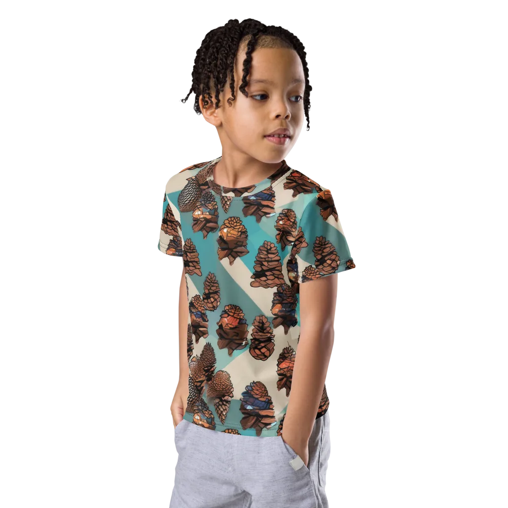 Turquoise Pinecone on Kids Crew Neck T-Shirt — Left Front
