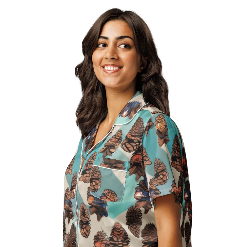 Turquoise Pinecone on Women's Short Sleeve Pajama Top — Left Front