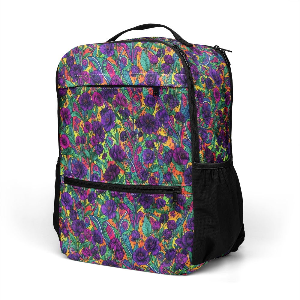 Violet Paisley Garden on Utility Backpack — Left Front