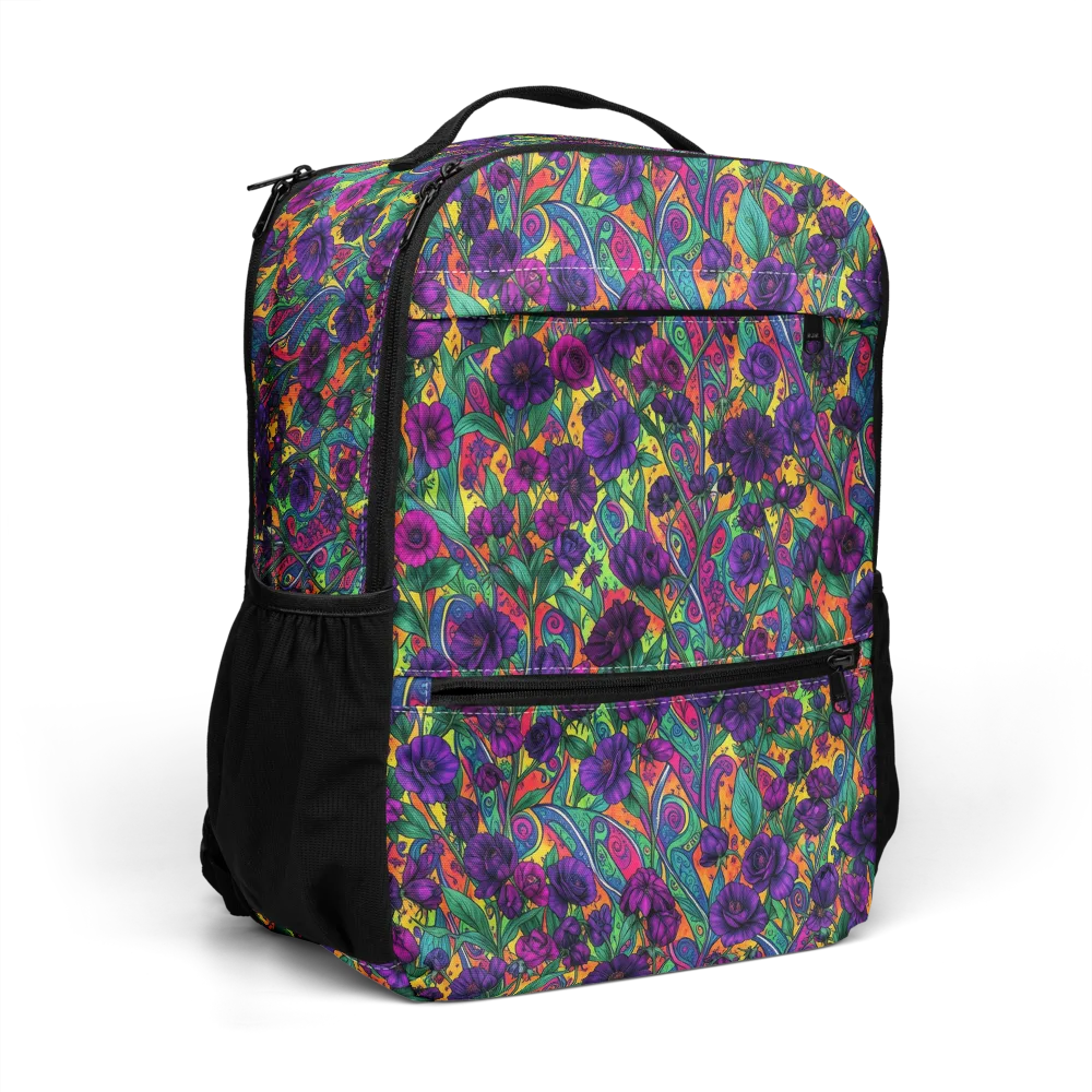 Violet Paisley Garden on Utility Backpack — Right Front