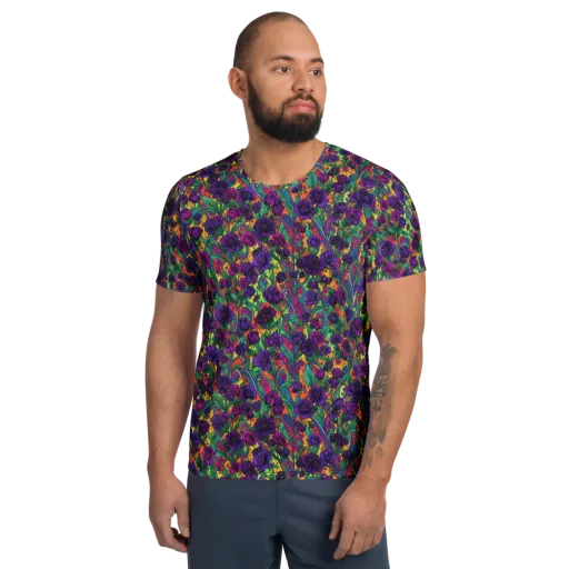 Violet Paisley Garden on a Men's Athletic T-Shirt