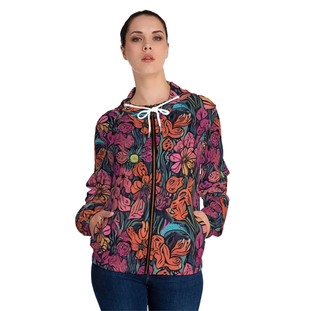 Coral Bloom on Women's Full-Zip Hoodie — Front On Person