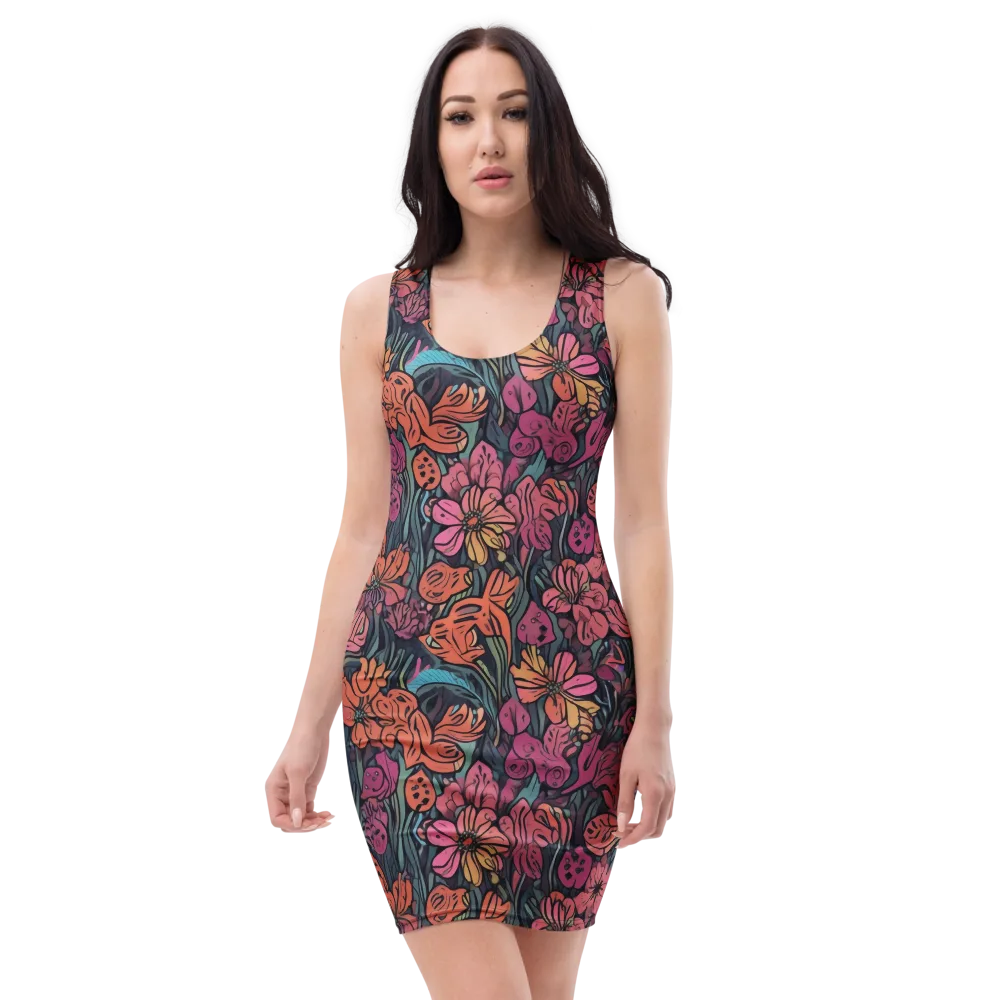 Coral Bloom on Bodycon Dress — Front