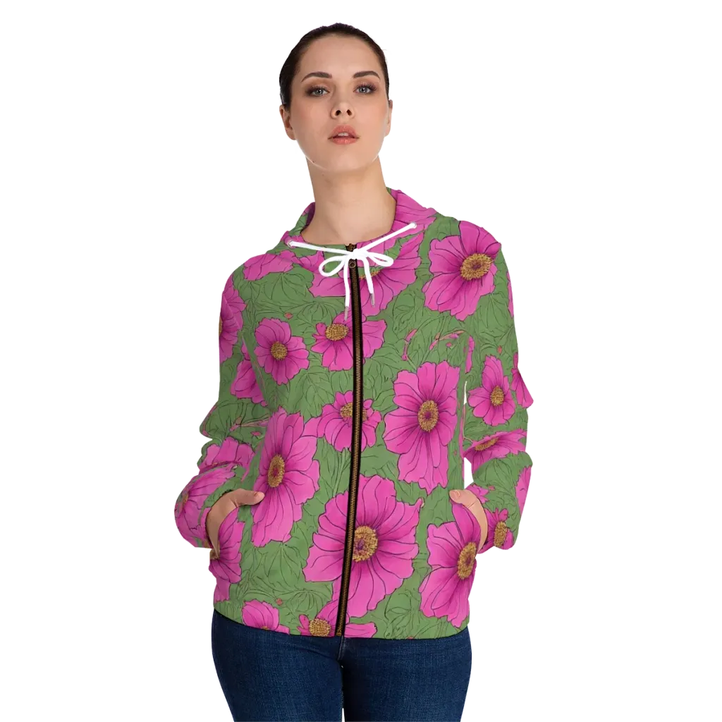 Fuchsia Garden on Women's Full-Zip Hoodie — Front On Person