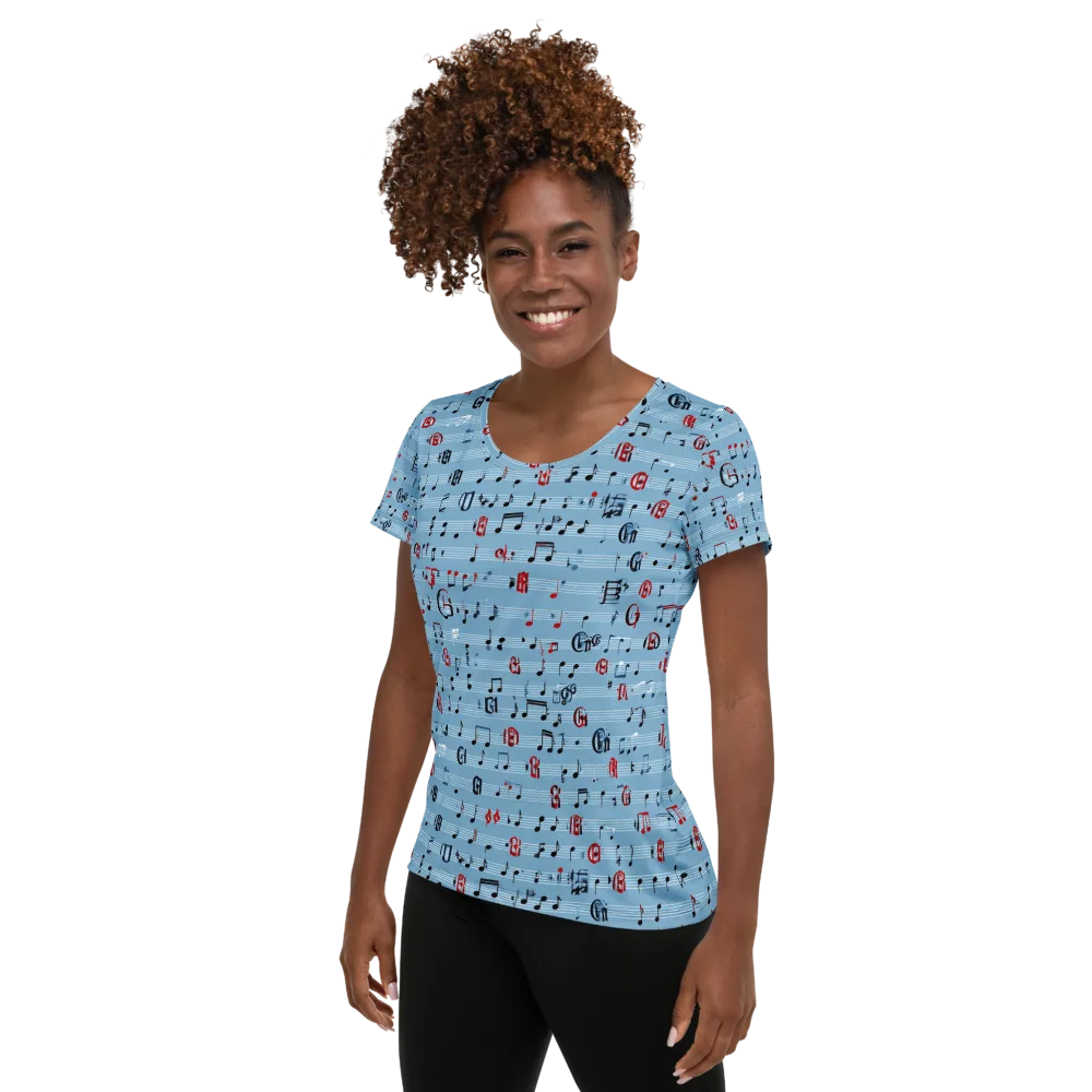Blue Note Ballet on Women's Athletic T-Shirt — Left