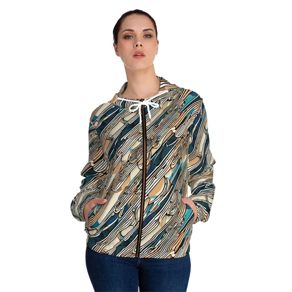 Cobalt Ribbons on Women's Full-Zip Hoodie — Front On Person