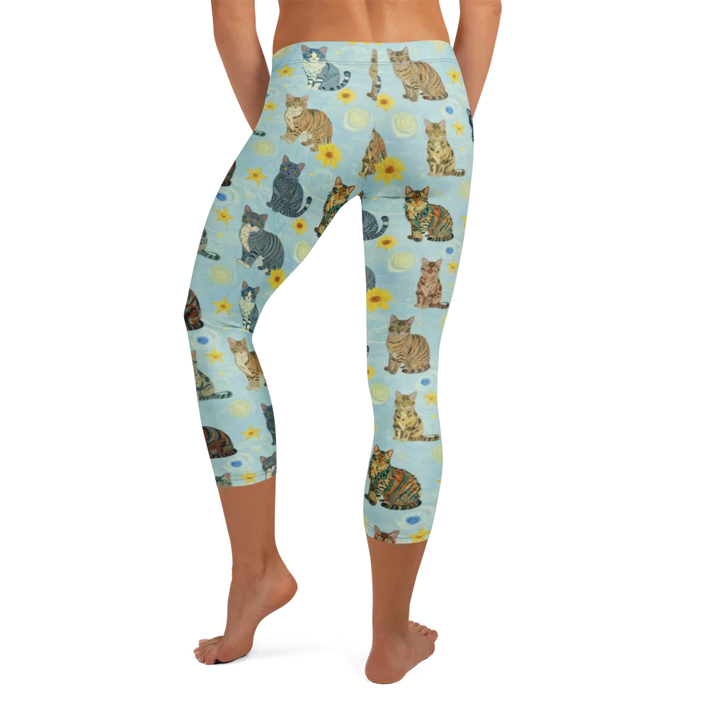 Starry Cat Garden on Capri Leggings — Back