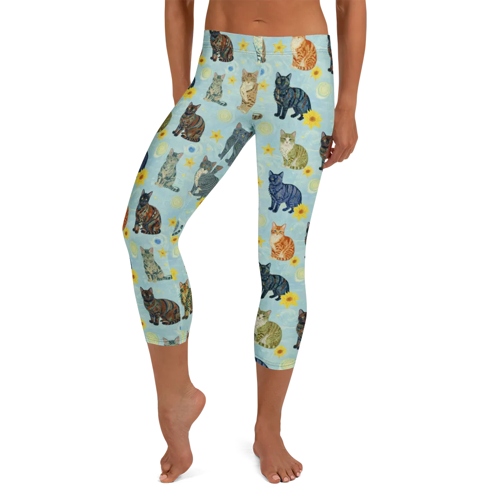 Starry Cat Garden on Capri Leggings — Front