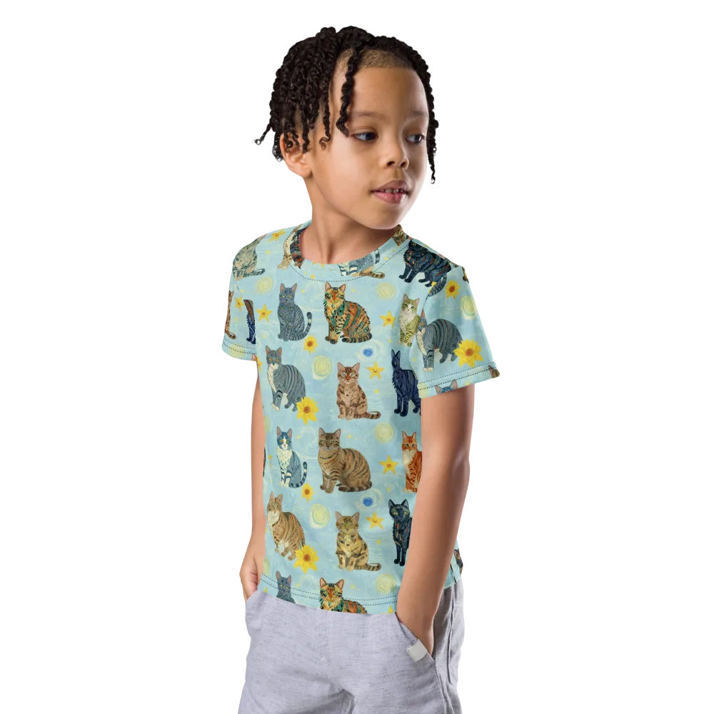 Starry Cat Garden on Kids Crew Neck T-Shirt — Left Front
