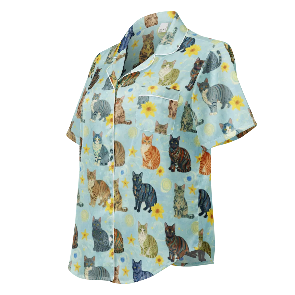 Starry Cat Garden on Women's Short Sleeve Pajama Top — Left Front
